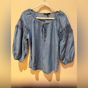 Adrienne Vittadini Denim Blue Blouse with Crochet Sleeves